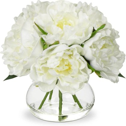 Hollyone White Peony Faux Flowers in Glass Vase
