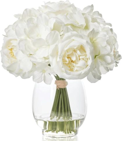 Artificial Ivory White Hydrangea Austin Rose Arrangement in Vase with Fake Water